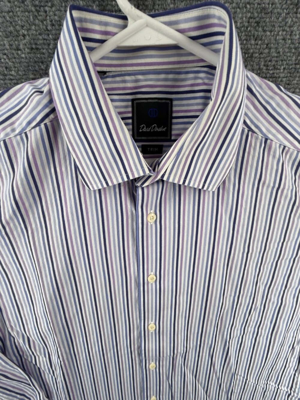 David Donahue Blue Purple XL Cotton Trim Striped Mens Shirt Button Up Spread